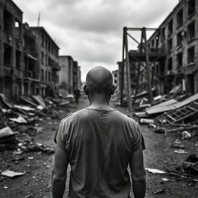 A stark black and white photograph of a bald person standing in a desolate urban landscape during a zombie apocalypse