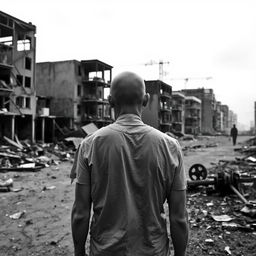 A stark black and white photograph of a bald person standing in a desolate urban landscape during a zombie apocalypse
