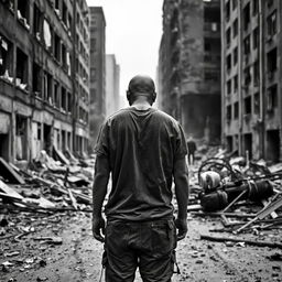 A stark black and white photograph of a bald person standing in a desolate urban landscape during a zombie apocalypse