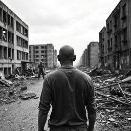 A stark black and white photograph of a bald person standing in a desolate urban landscape during a zombie apocalypse