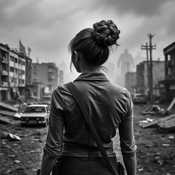 A woman with an elegant bun hairstyle viewed from behind, standing in a desolate urban landscape that reflects a zombie apocalypse