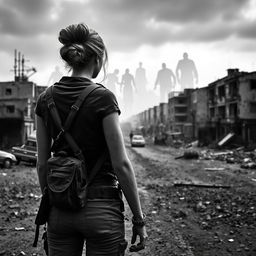 A woman with an elegant bun hairstyle viewed from behind, standing in a desolate urban landscape that reflects a zombie apocalypse