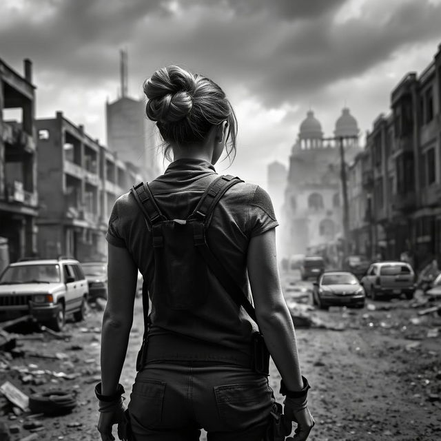 A woman with an elegant bun hairstyle viewed from behind, standing in a desolate urban landscape that reflects a zombie apocalypse