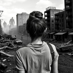 A woman with an elegant bun hairstyle viewed from behind, standing in a desolate urban landscape that reflects a zombie apocalypse