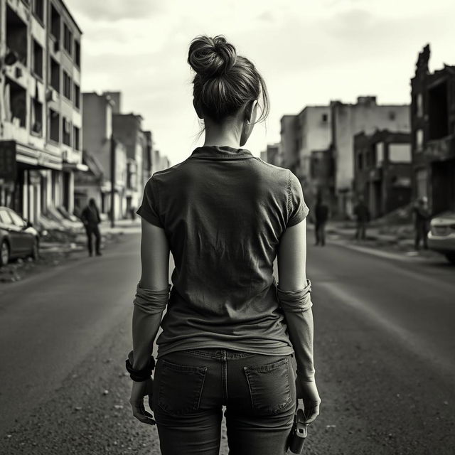 A short woman in her 40s with her hair styled in a bun, viewed from behind, stands confidently in a desolate urban landscape during a zombie apocalypse