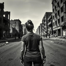 A short woman in her 40s with her hair styled in a bun, viewed from behind, stands confidently in a desolate urban landscape during a zombie apocalypse