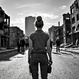 A short woman in her 40s with her hair styled in a bun, viewed from behind, stands confidently in a desolate urban landscape during a zombie apocalypse
