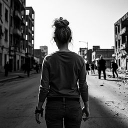 A short woman in her 40s with her hair styled in a bun, viewed from behind, stands confidently in a desolate urban landscape during a zombie apocalypse