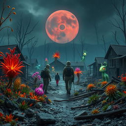 In a devastated village abandoned due to a nuclear accident, the landscape is a hostile, mutated environment filled with bizarre and fantastical flora and fauna that have adapted to extreme radiation