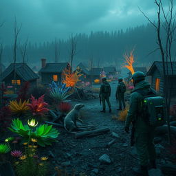 In a devastated village abandoned due to a nuclear accident, the landscape is a hostile, mutated environment filled with bizarre and fantastical flora and fauna that have adapted to extreme radiation