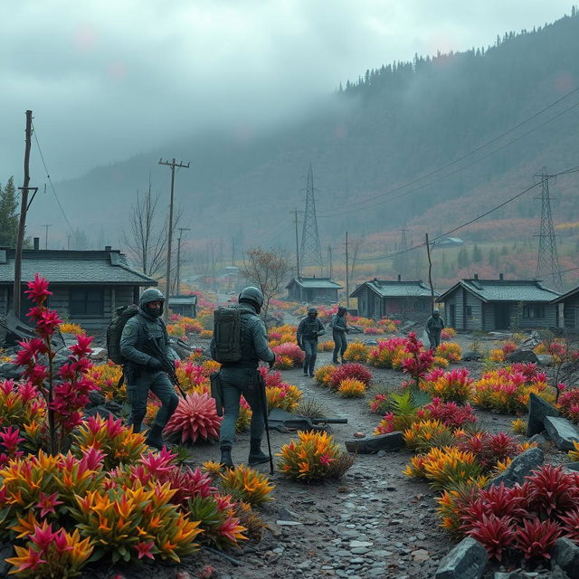 In a devastated village abandoned due to a nuclear accident, the landscape is a hostile, mutated environment filled with bizarre and fantastical flora and fauna that have adapted to extreme radiation