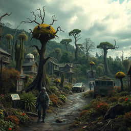 A haunting and eerie landscape of a post-apocalyptic village devastated by a nuclear accident, showcasing mutated flora and fauna amidst remnants of human civilization