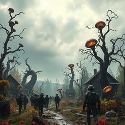 A haunting and eerie landscape of a post-apocalyptic village devastated by a nuclear accident, showcasing mutated flora and fauna amidst remnants of human civilization