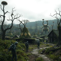 A haunting and eerie landscape of a post-apocalyptic village devastated by a nuclear accident, showcasing mutated flora and fauna amidst remnants of human civilization