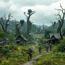A haunting and eerie landscape of a post-apocalyptic village devastated by a nuclear accident, showcasing mutated flora and fauna amidst remnants of human civilization