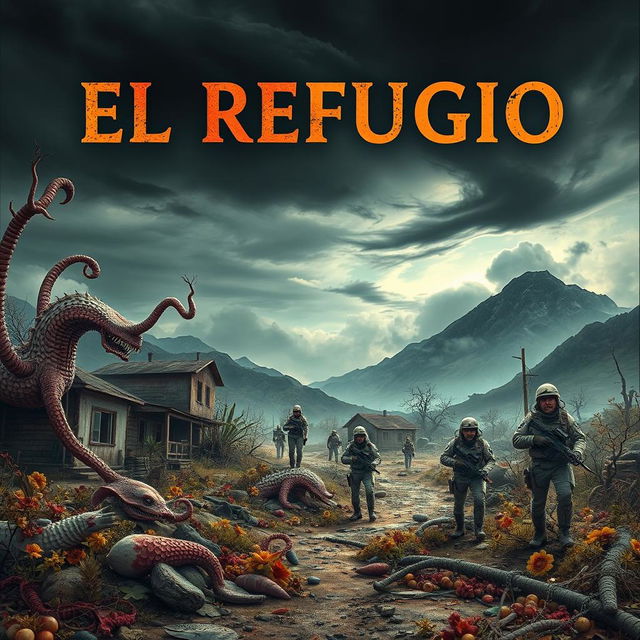 A chilling book cover for a psychological horror novel titled 'El Refugio', depicting a devastated village years after a nuclear accident