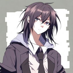 Digital art of a towering, edgy, anime-style male teenager with long emo bangs and a triple size massive beard covering his mouth, dressed as a schoolboy