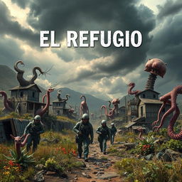 A chilling book cover for a psychological horror novel titled 'El Refugio', depicting a devastated village years after a nuclear accident