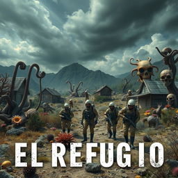 A chilling book cover for a psychological horror novel titled 'El Refugio', depicting a devastated village years after a nuclear accident