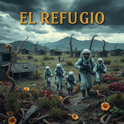 A chilling book cover for a psychological horror novel titled 'El Refugio', depicting a devastated village years after a nuclear accident