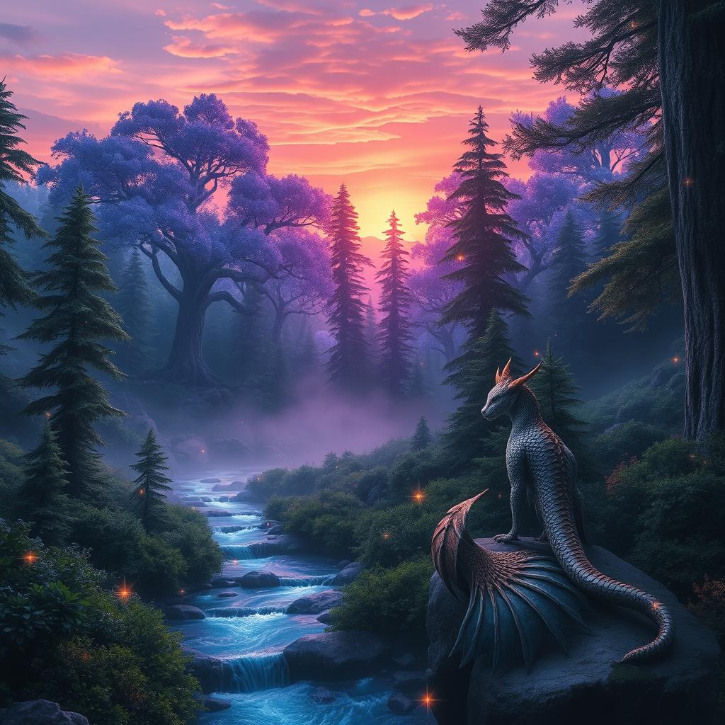 A stunning fantasy landscape featuring a vibrant sunset over a mystical forest