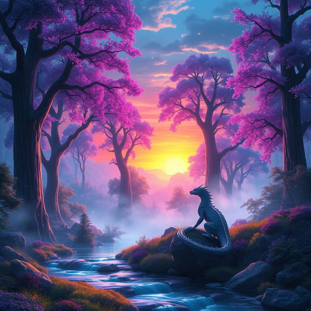 A stunning fantasy landscape featuring a vibrant sunset over a mystical forest