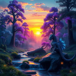 A stunning fantasy landscape featuring a vibrant sunset over a mystical forest