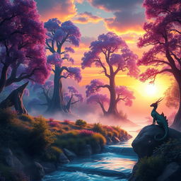 A stunning fantasy landscape featuring a vibrant sunset over a mystical forest