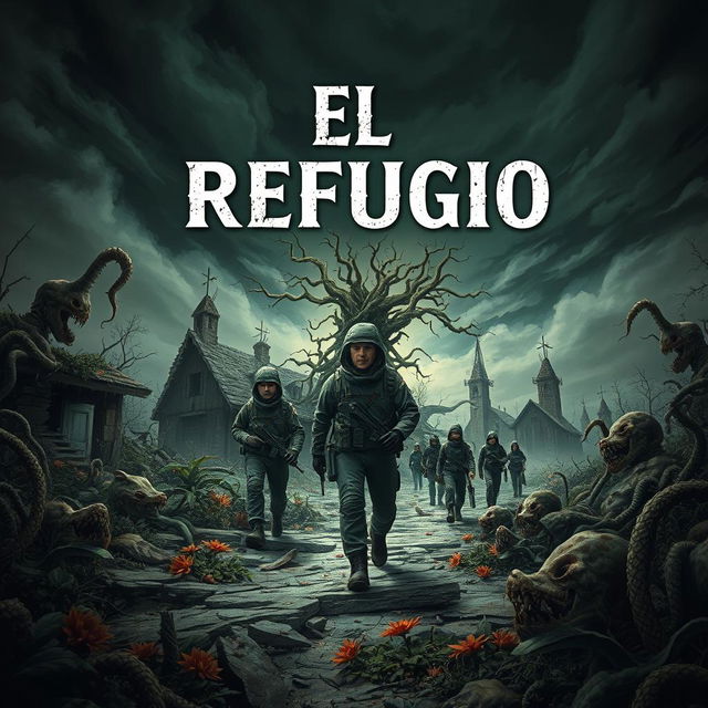 A dark and eerie book cover for a psychological horror novel titled 'El Refugio', illustrating a devastated village years after a nuclear disaster