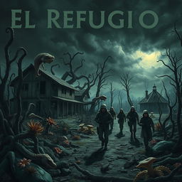 A dark and eerie book cover for a psychological horror novel titled 'El Refugio', illustrating a devastated village years after a nuclear disaster