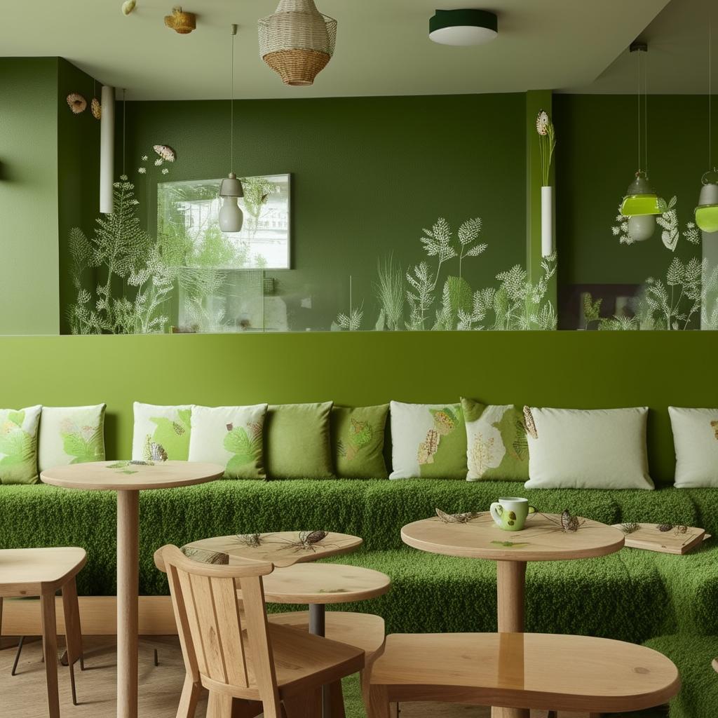 A cozy, nature-inspired cafe with grasshopper decor elements, green walls, glass tables decorated with grasshopper motifs, coffee mugs with grasshopper prints, and plush grasshopper cushions on wooden chairs.