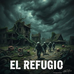 A dark and eerie book cover for a psychological horror novel titled 'El Refugio', illustrating a devastated village years after a nuclear disaster