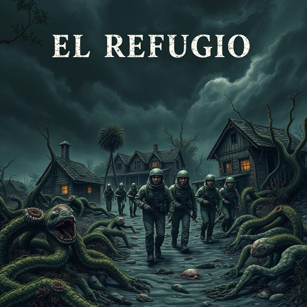 A dark and eerie book cover for a psychological horror novel titled 'El Refugio', illustrating a devastated village years after a nuclear disaster