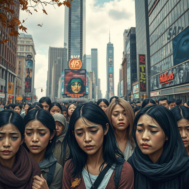 A poignant urban scene depicting a diverse group of people crying in a bustling city