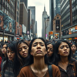 A poignant urban scene depicting a diverse group of people crying in a bustling city