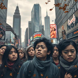 A poignant urban scene depicting a diverse group of people crying in a bustling city