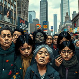 A poignant urban scene depicting a diverse group of people crying in a bustling city