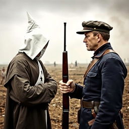 A tense face-off between a Ku Klux Klan member and a Union Civil War soldier, set against a historical backdrop that emphasizes conflict and division