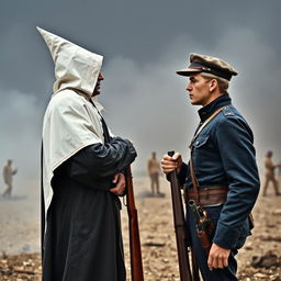 A tense face-off between a Ku Klux Klan member and a Union Civil War soldier, set against a historical backdrop that emphasizes conflict and division