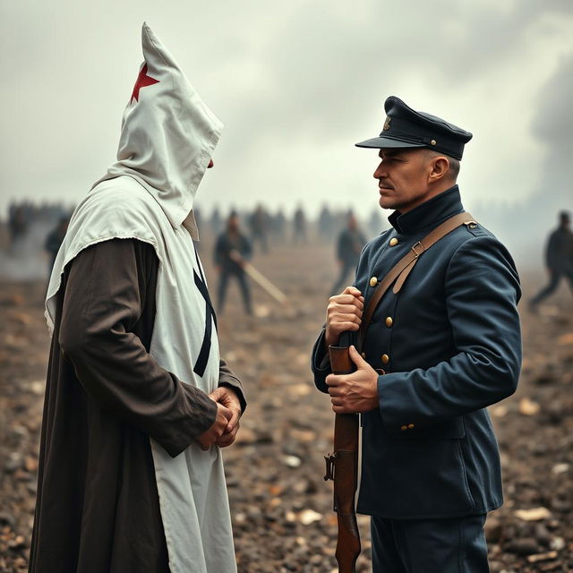 A tense face-off between a Ku Klux Klan member and a Union Civil War soldier, set against a historical backdrop that emphasizes conflict and division