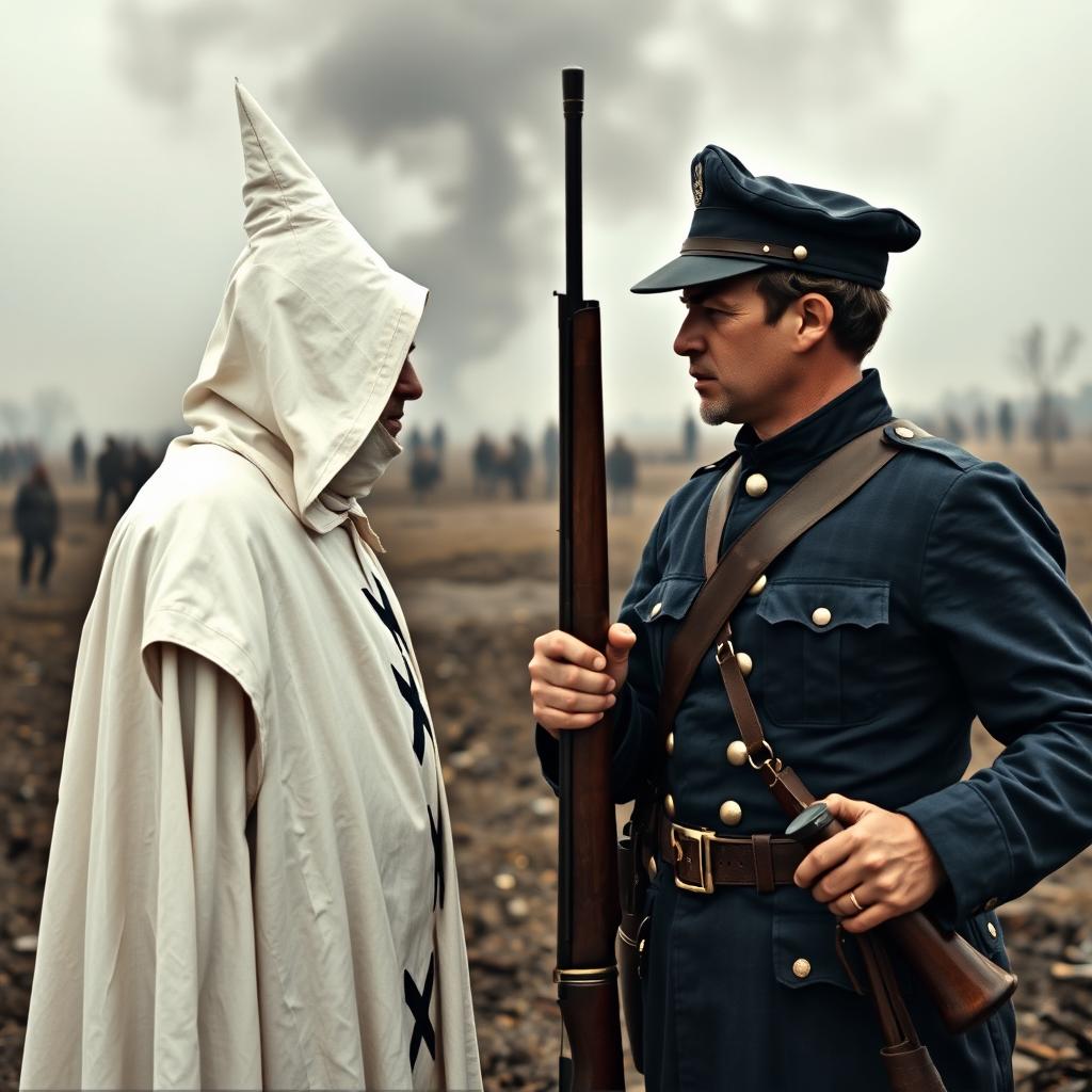 A tense face-off between a Ku Klux Klan member and a Union Civil War soldier, set against a historical backdrop that emphasizes conflict and division