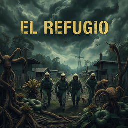 A dark and unsettling book cover for a psychological horror novel called 'El Refugio', capturing a devastated village years after a nuclear disaster