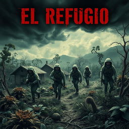A dark and unsettling book cover for a psychological horror novel called 'El Refugio', capturing a devastated village years after a nuclear disaster