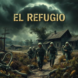 A dark and unsettling book cover for a psychological horror novel called 'El Refugio', capturing a devastated village years after a nuclear disaster