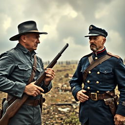 A dramatic showdown between a Confederate soldier and a Union soldier, set on a vast, war-torn battlefield