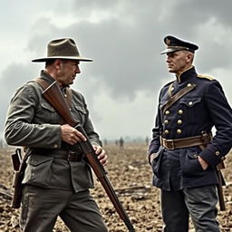A dramatic showdown between a Confederate soldier and a Union soldier, set on a vast, war-torn battlefield