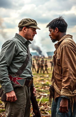 A dramatic historical scene depicting a tense face-off between a Confederate soldier in a gray uniform, complete with a slouch hat, and an enslaved person wearing tattered clothing