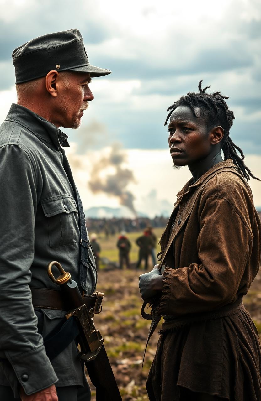 A dramatic historical scene depicting a tense face-off between a Confederate soldier in a gray uniform, complete with a slouch hat, and an enslaved person wearing tattered clothing