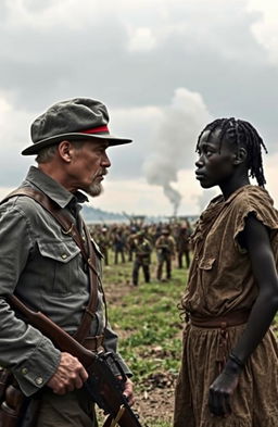 A dramatic historical scene depicting a tense face-off between a Confederate soldier in a gray uniform, complete with a slouch hat, and an enslaved person wearing tattered clothing