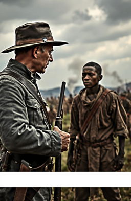 A dramatic historical scene depicting a tense face-off between a Confederate soldier in a gray uniform, complete with a slouch hat, and an enslaved person wearing tattered clothing